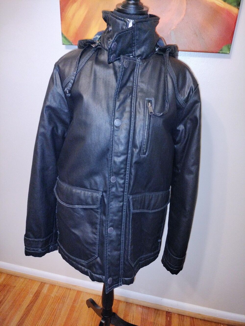EUC! Jeremiah Men's 'Baron' Coated Hooded Jacket Black/Dark Green. Size M
